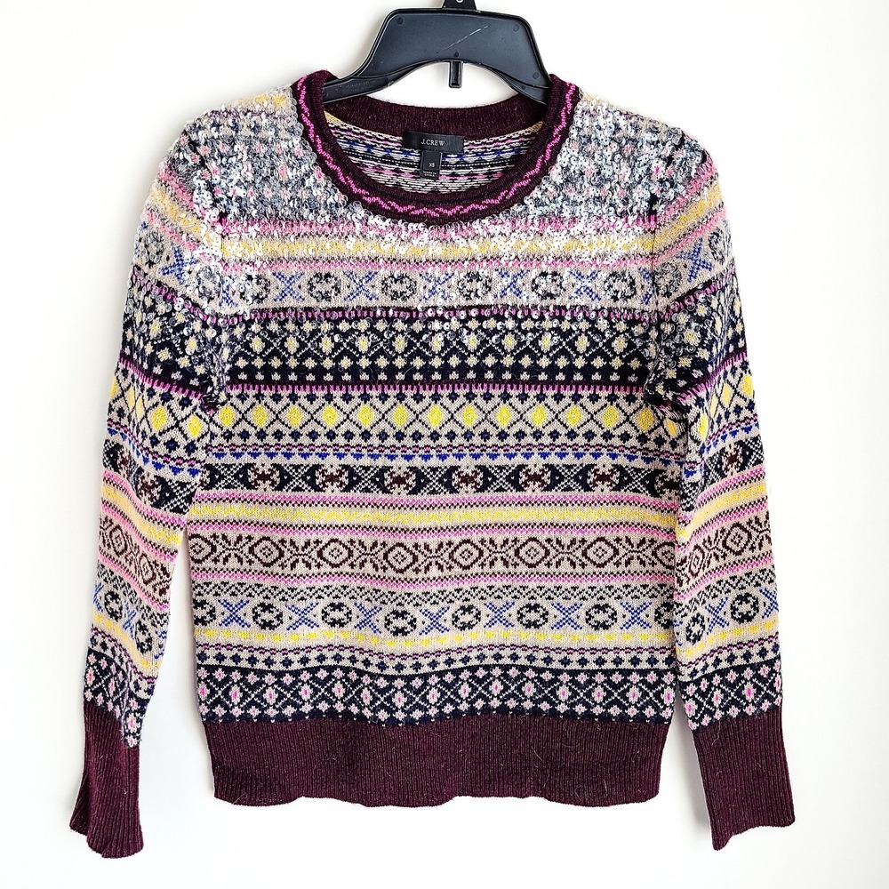 J Crew Sequin Fair Isle Lambswool Sweater Womens XS Nordic Multicolor - Picture 1 of 9